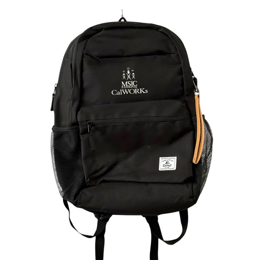 Everest Black Backpack MSJC CalWORKs Logo Zippered Pockets Water Bottle Holders